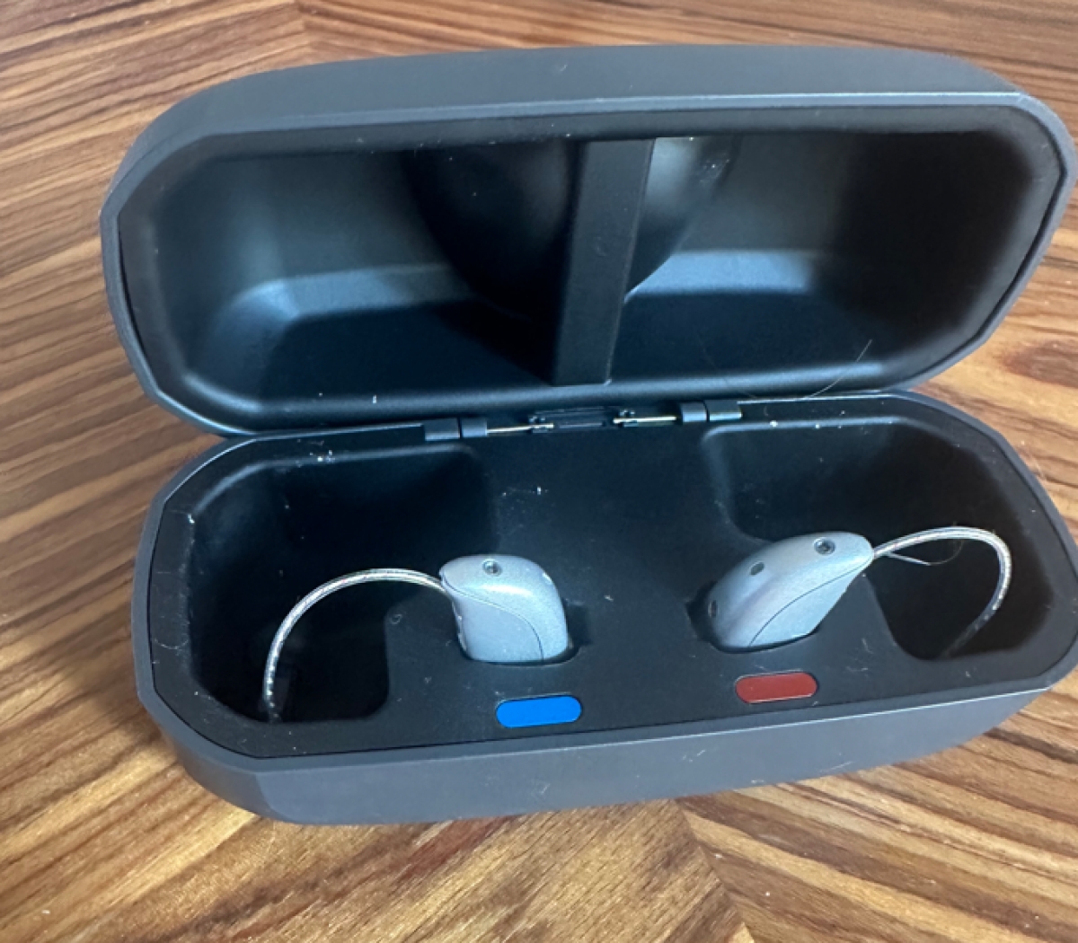 pair of resound vivia 9 in sparkling silver in charger