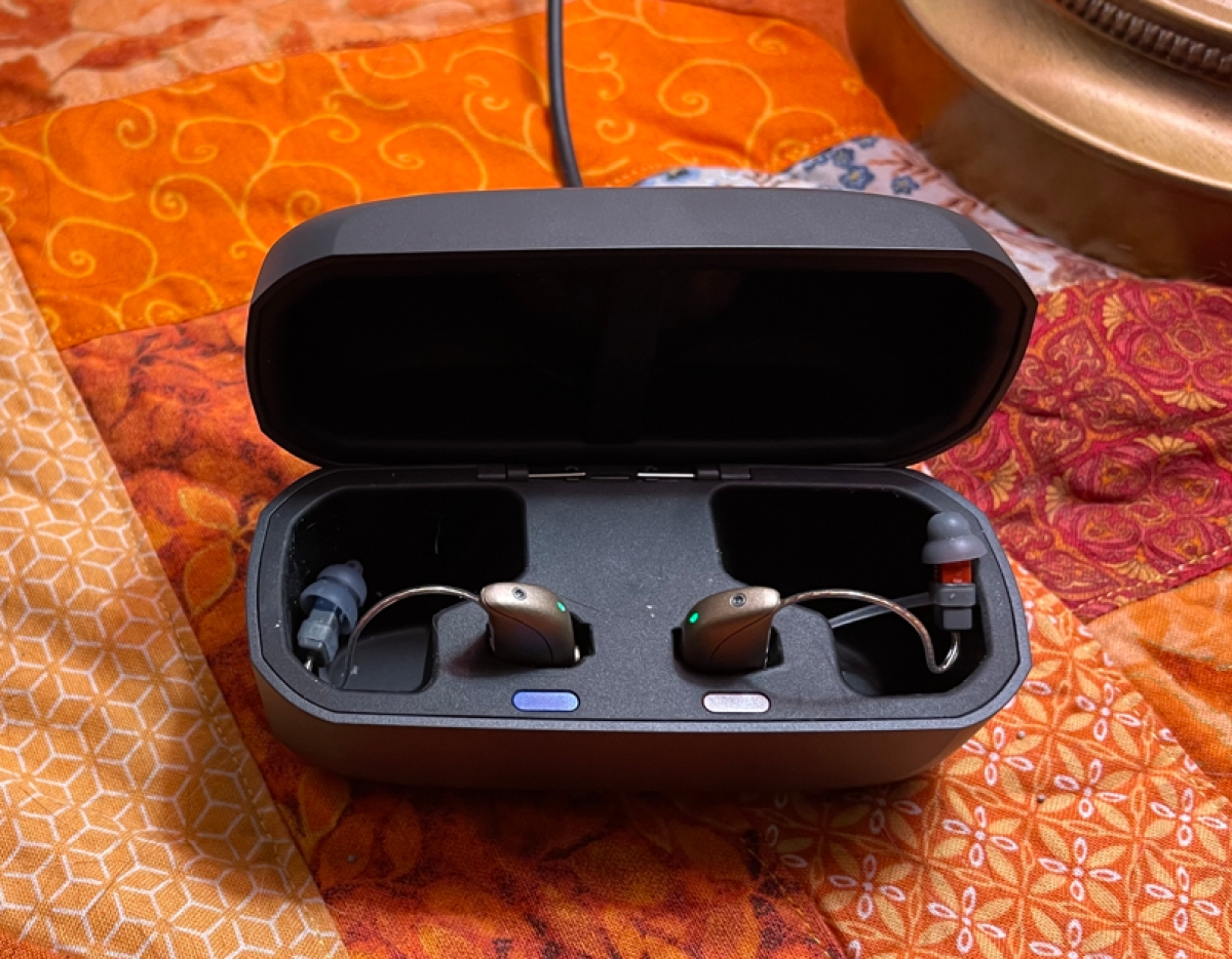 pair of resound vivia 9 in gold in a charger