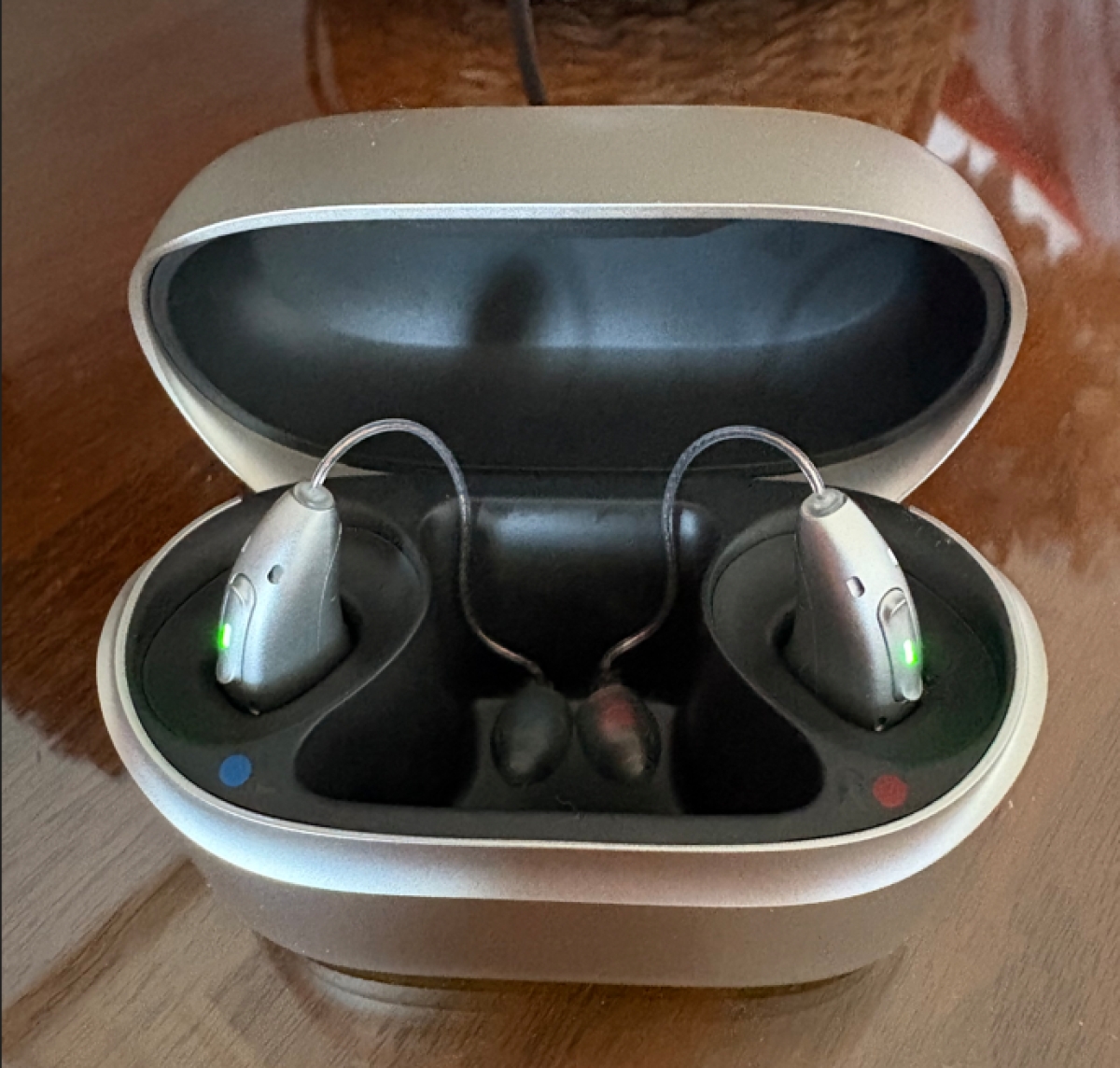 Pair of Infinio ultra 70 hearing aids in silver gray in charger