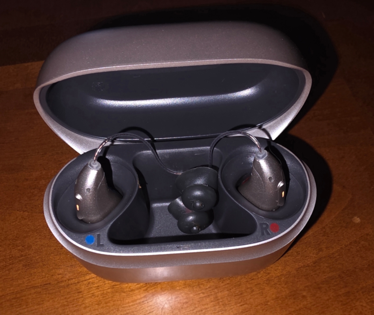 pair of Audeo Sphere 90 in champagne in portable charger