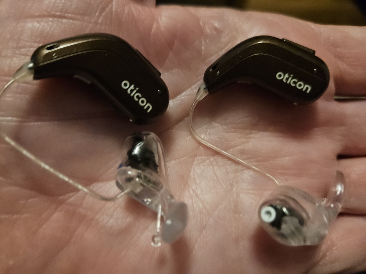 Pair of oticon reveal 1 in chestnut brown in palm of hand with earmolds