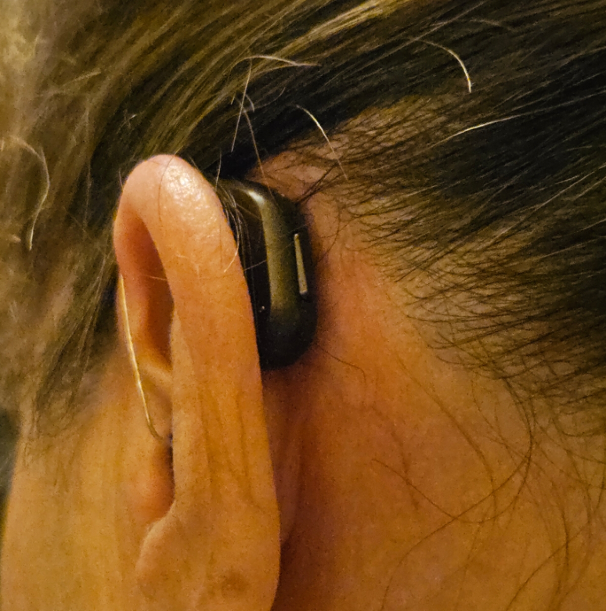 left oticon reveal 1 in chestnut brown behind left ear close up