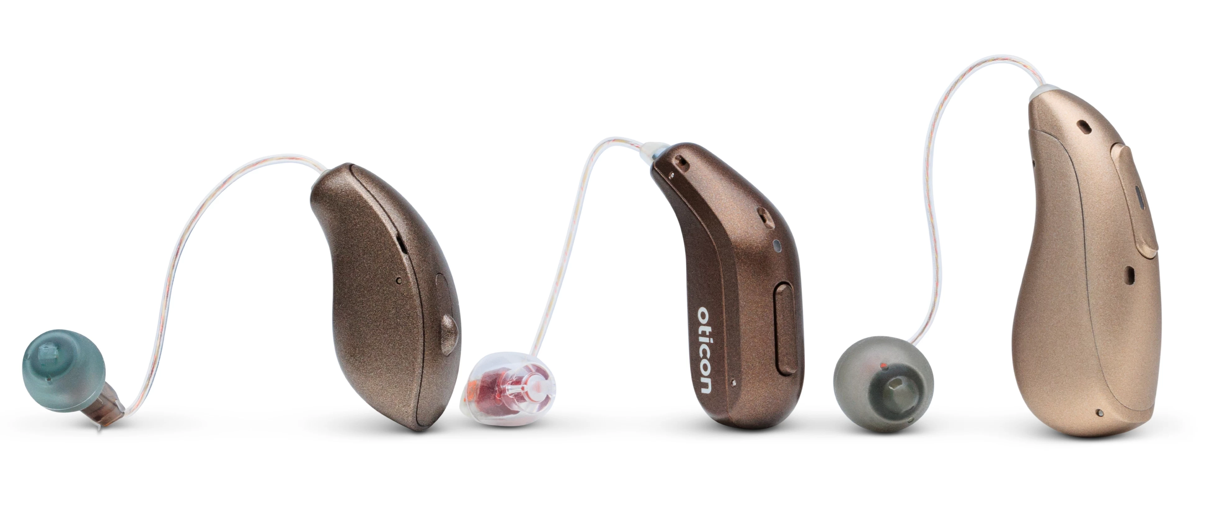 starkey edge ai, oticon intent, and phonak sphere infinio side by side showing size difference