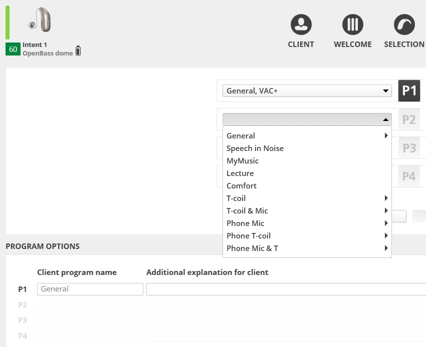 screenshot of oticon genie 2 fitting software showing the available programs