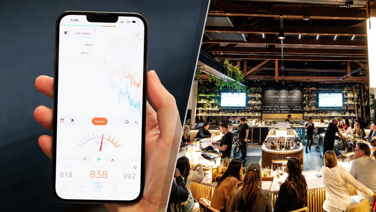 split screen showing a noise meter app and a noisy restaurant