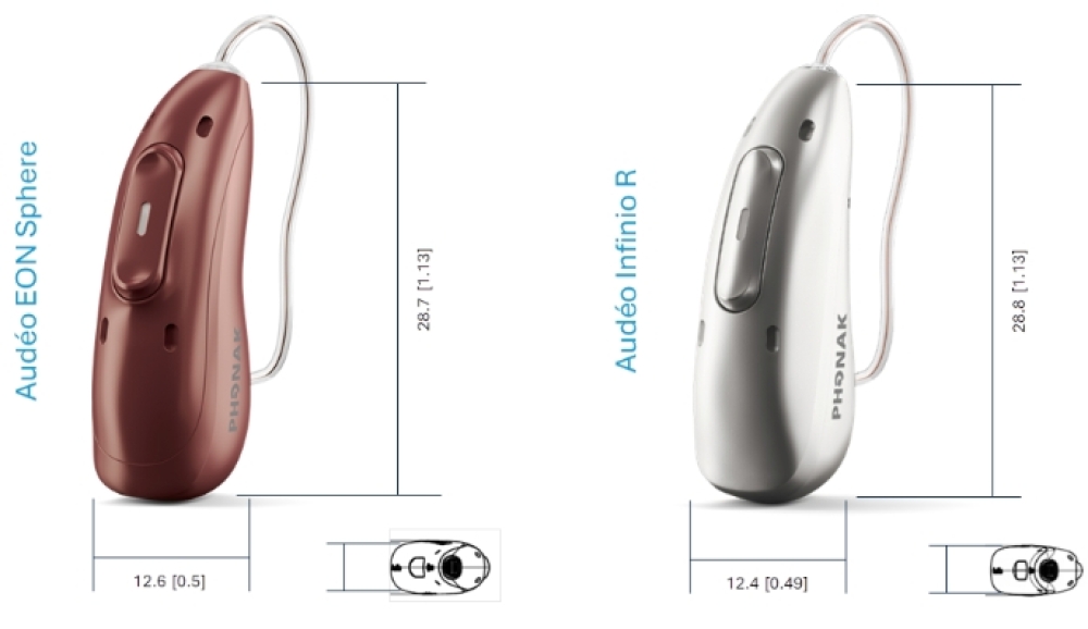 side by side pics of audeo eon sphere and a traditionally-sized hearing aid