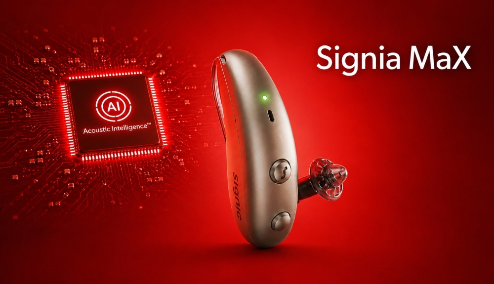 Promo photo of the new Signia MaX hearing aid next to an AI chip