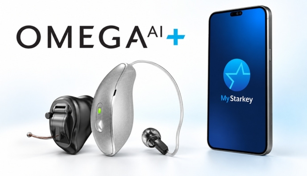 Promo image of starkey omega ai model name, popular styles, and app screenshot
