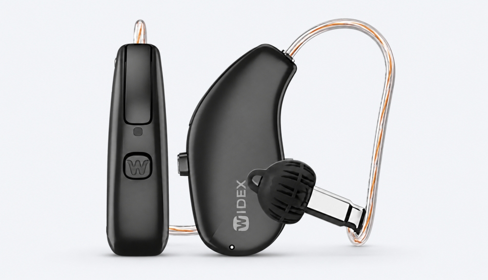 Widex's promotional stock imagery of the new allure AI RIC RD hearing aids